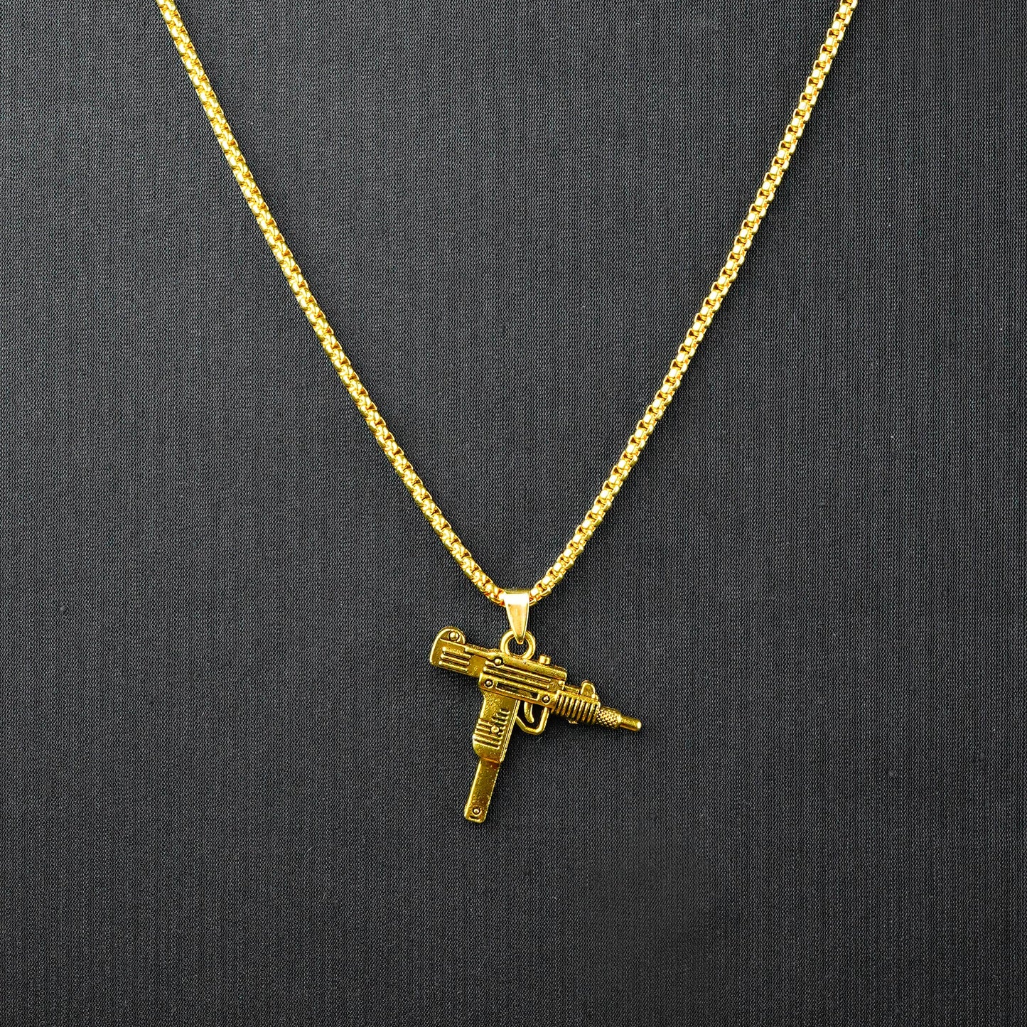 Golden Uzi Gun Pendant with Golden Roundcut Chain -316L