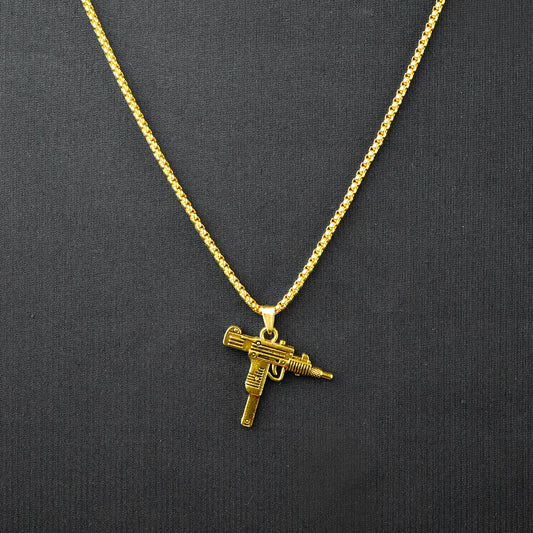 Golden Uzi Gun Pendant with Golden Roundcut Chain -316L