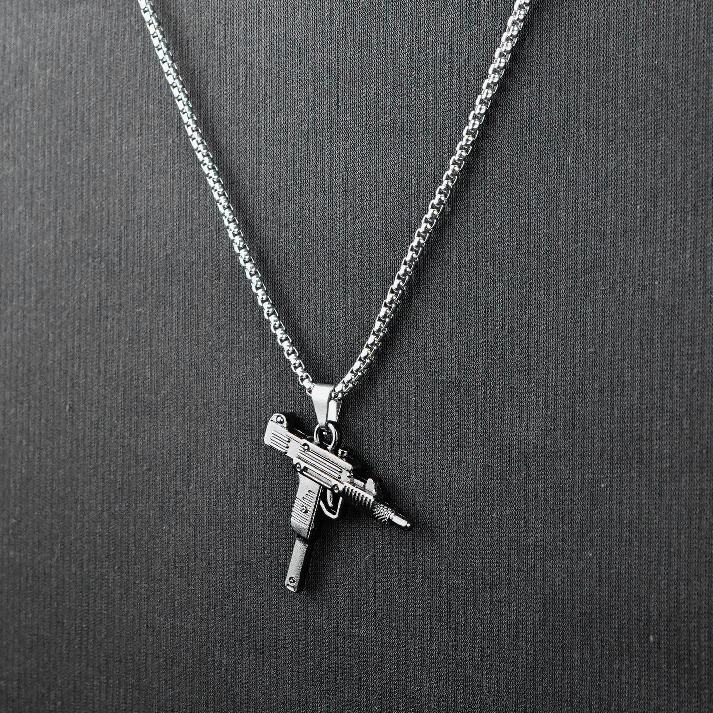 Silver Uzi Gun Pendant with Golden Roundcut Chain -316L