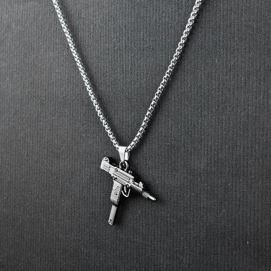 Silver Uzi Gun Pendant with Golden Roundcut Chain -316L
