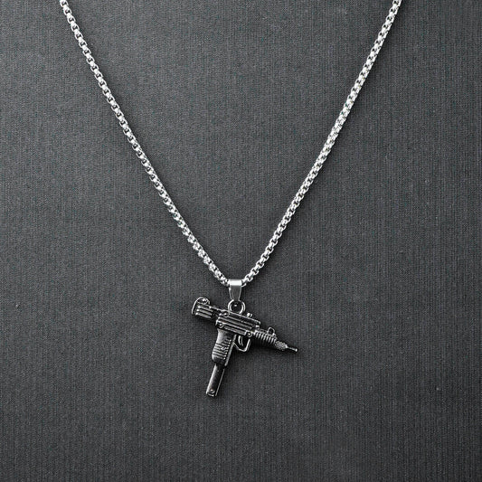 Silver Uzi Gun Pendant with Golden Roundcut Chain -316L